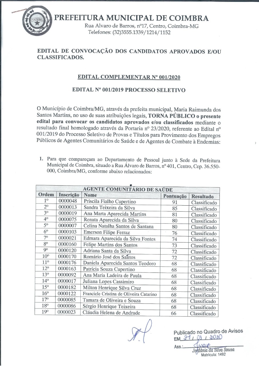 Prefeitura convoca aprovados no Processo Seletivo 001/2019