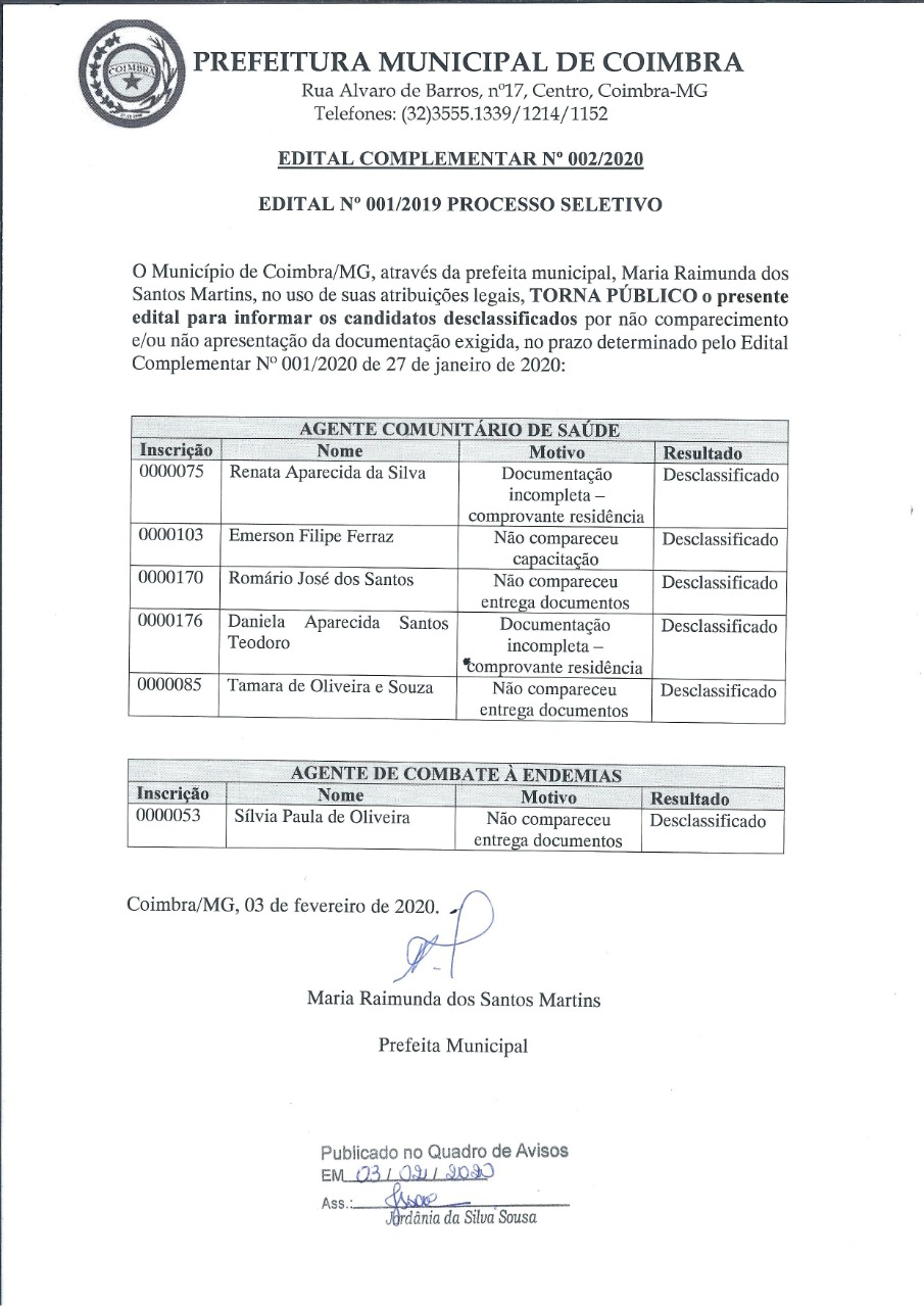 Prefeitura torna público a lista dos candidatos desclassificados no Processo Seletivo 001/2019