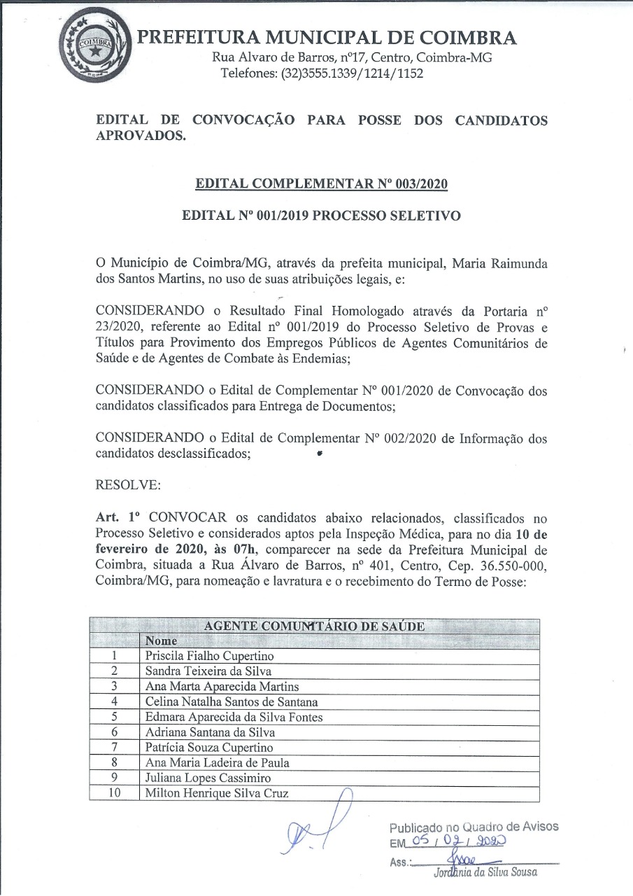 Publicado o edital de convocação para posse dos candidatos aprovados no Processo Seletivo 001/2019