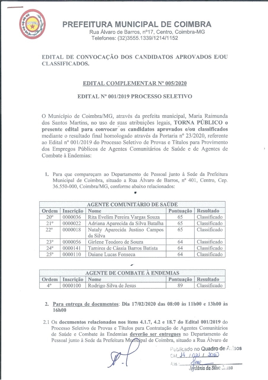 Prefeitura publica edital para convocação de novos aprovados no Processo Seletivo Nº 001/2019