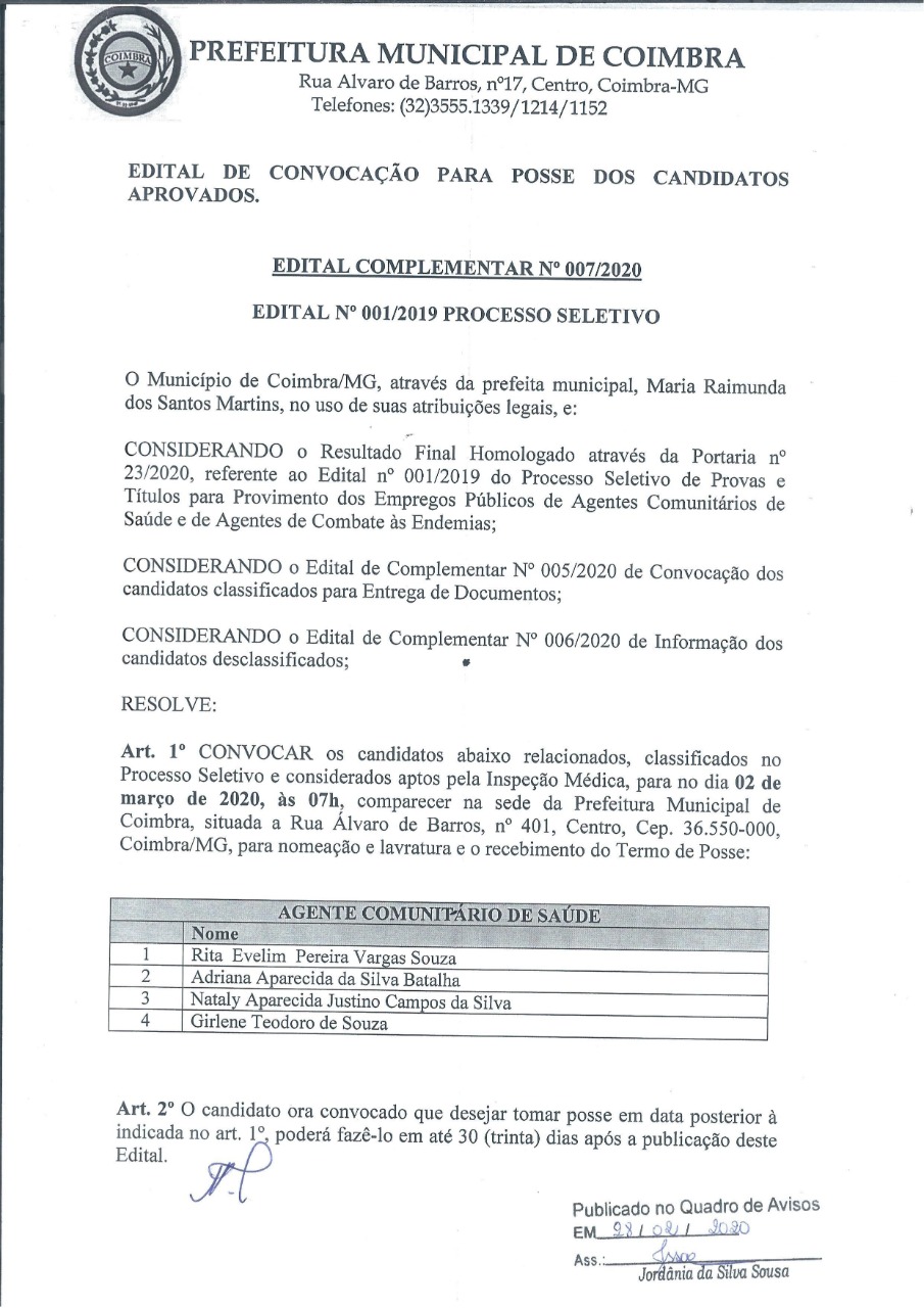 Prefeitura publica edital complementar para convocação para a posse dos aprovados no Processo Seletivo Nº 001/2019