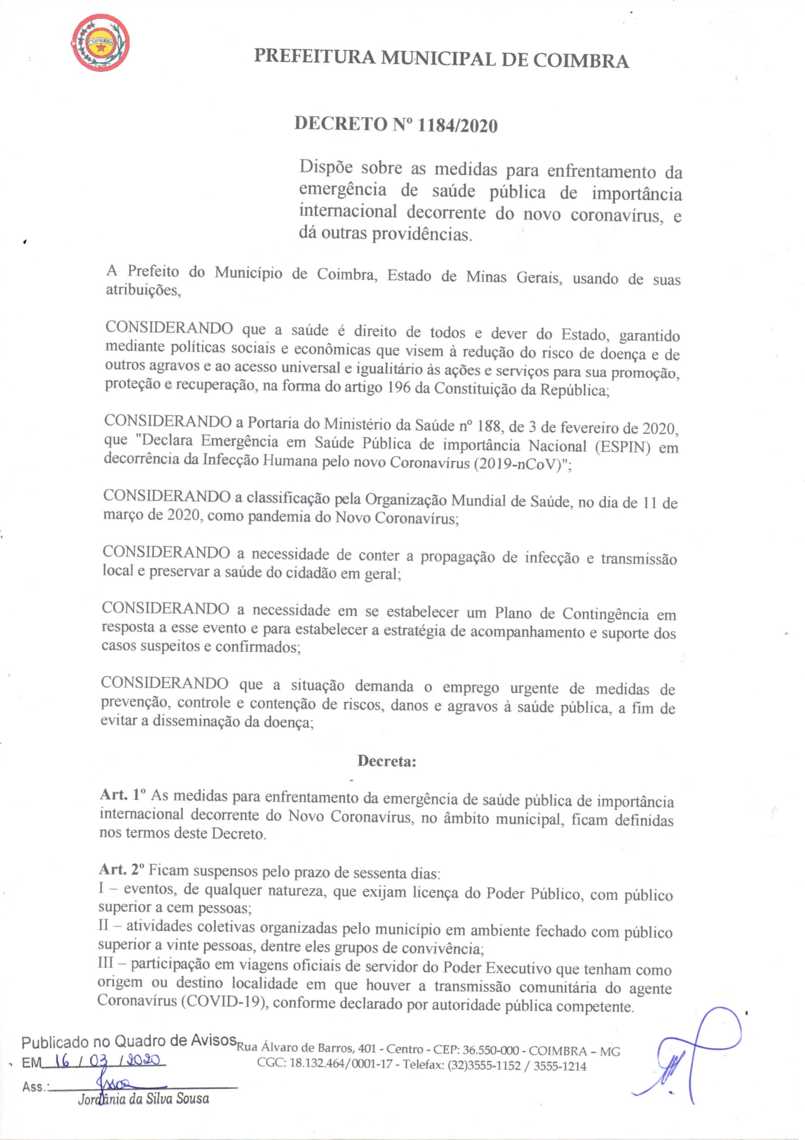 Prefeitura decreta série de medidas para enfrentamento do coronavírus