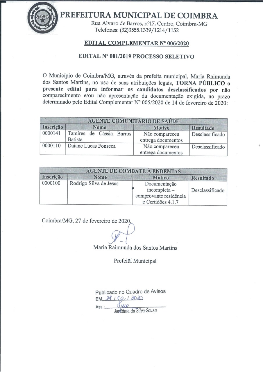 Prefeitura publica edital complementar com a relação dos candidatos desclassificados no Processo Seletivo Nº 001/2019