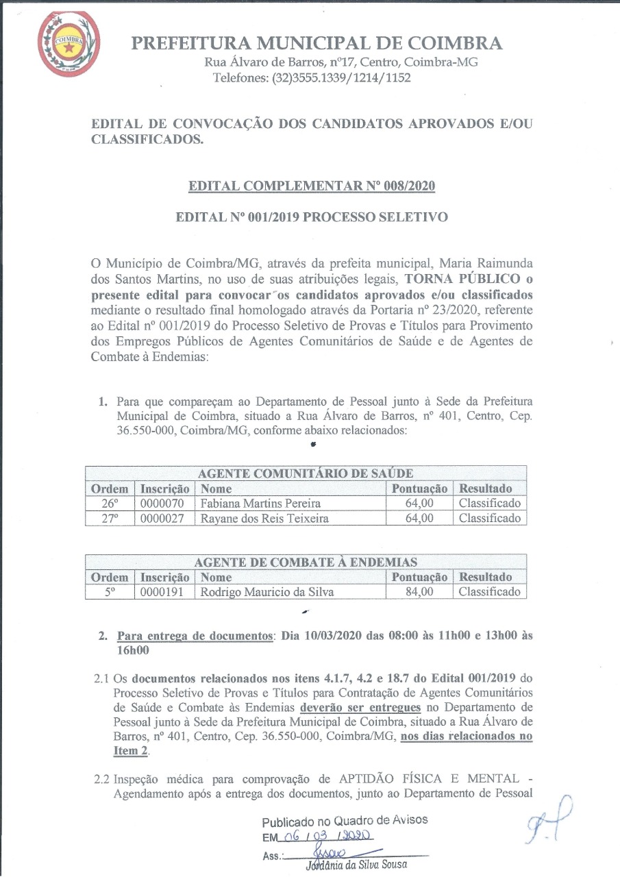 Prefeitura publica edital complementar para convocação dos candidatos aprovados no Processo Seletivo 001/2019