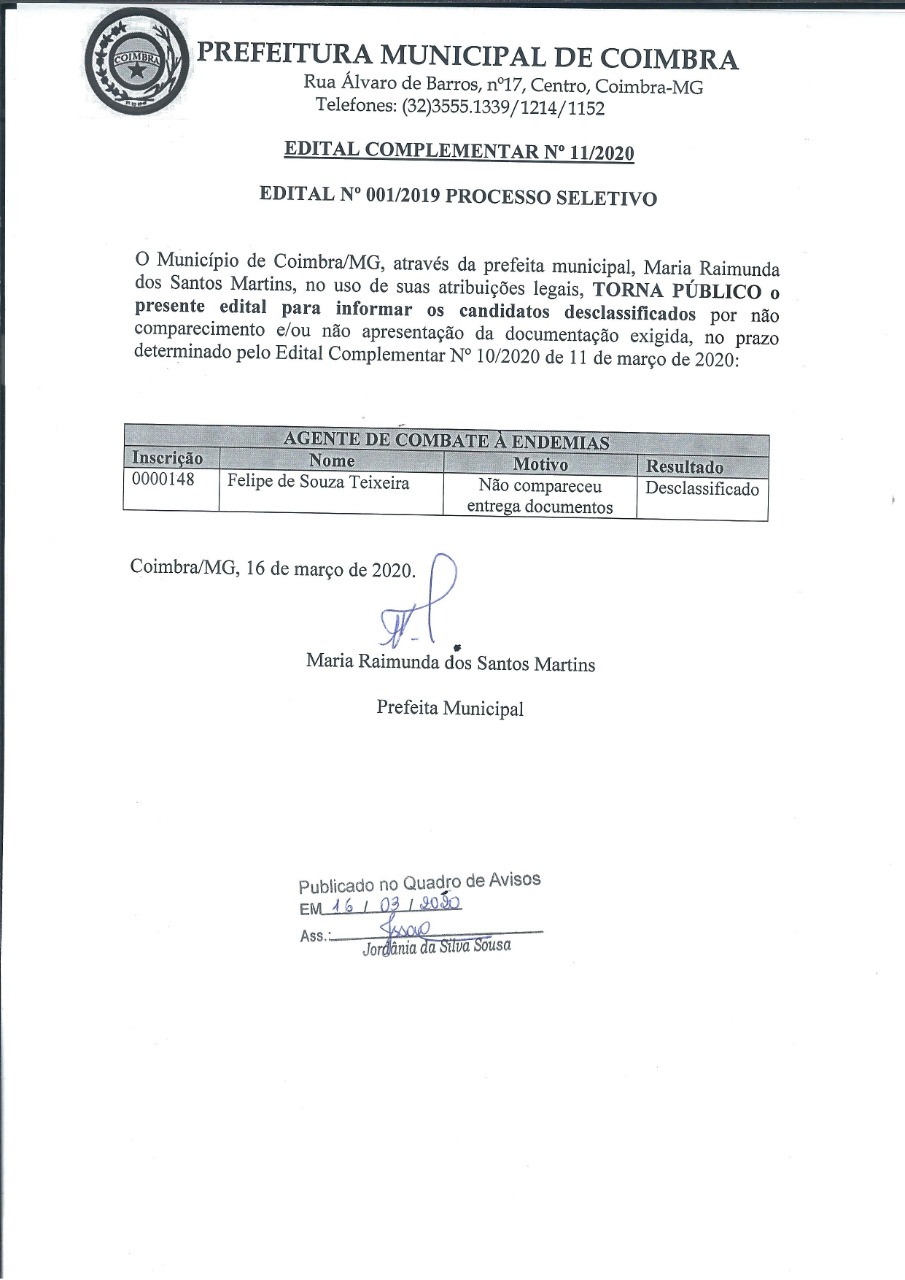 Prefeitura publica edital complementar com a relação dos candidatos desclassificados no Processo Seletivo