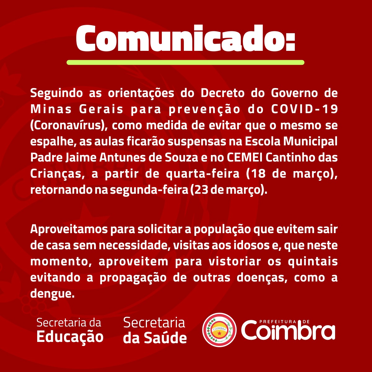 Secretaria de Educação decide implementar recesso escolar na rede municipal a partir da próxima quarta-feira