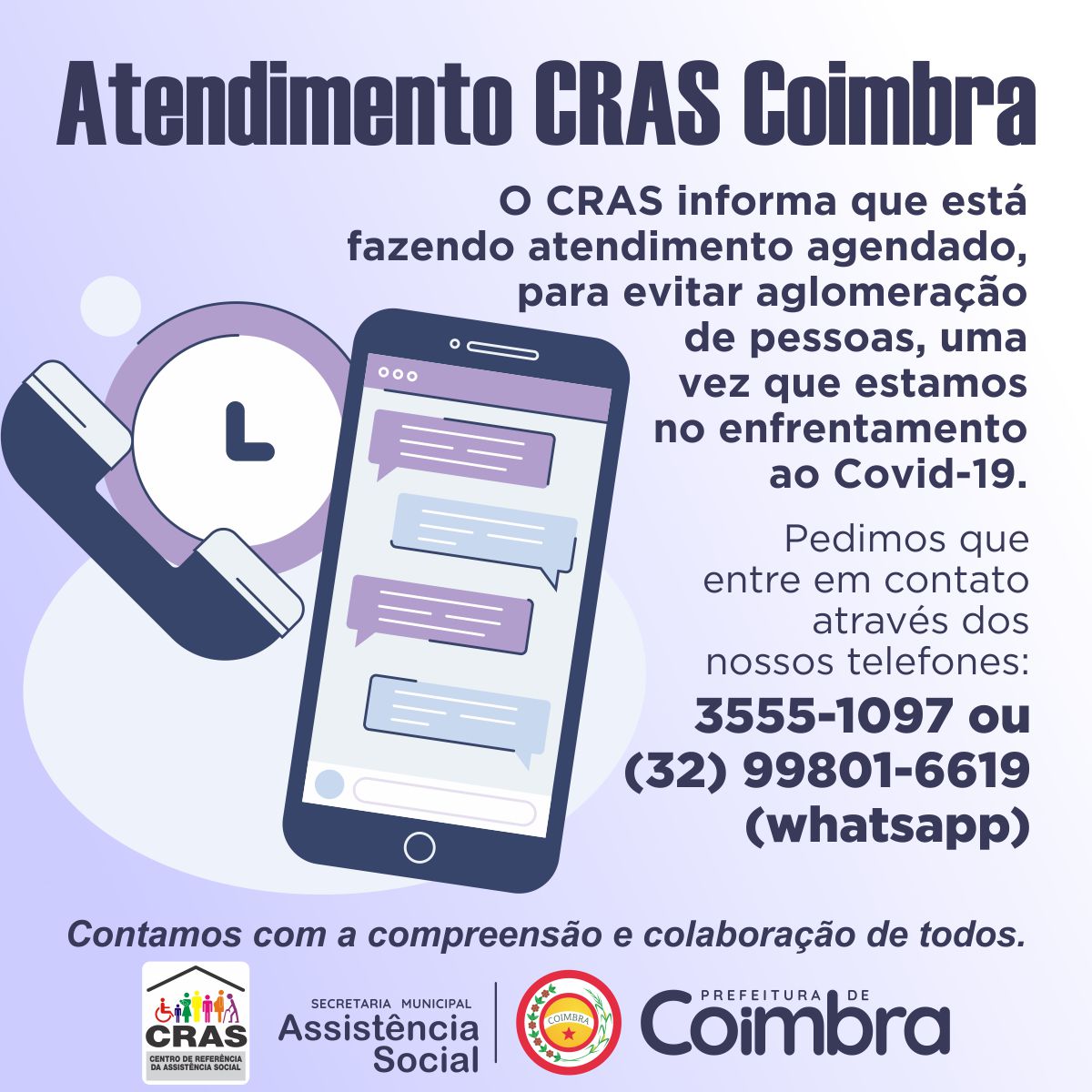 CRAS disponibiliza whatssapp para atendimento e esclarecimento de dúvidas