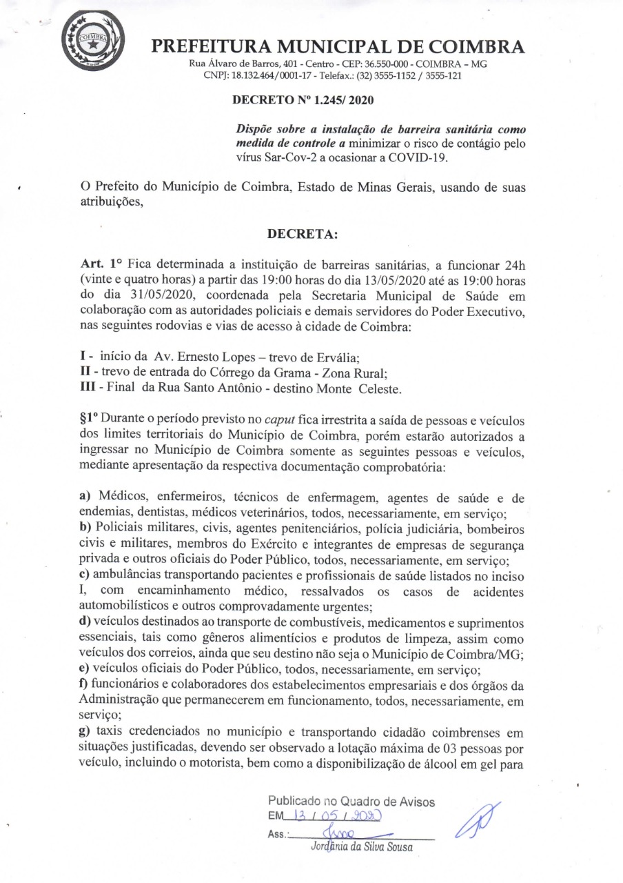 Prefeitura publica decreto para a instalação de barreira sanitária como medida de controle do contágio do novo coronavírus