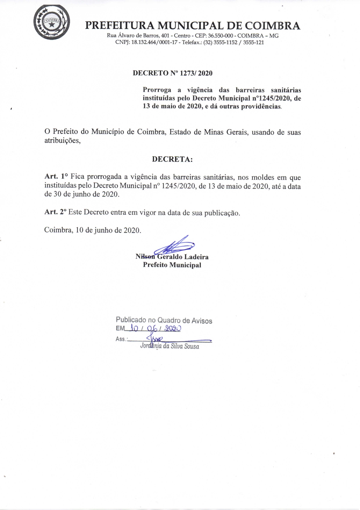 Decreto Nº 1273/ 2020 - Prorrogação das Barreiras Sanitárias