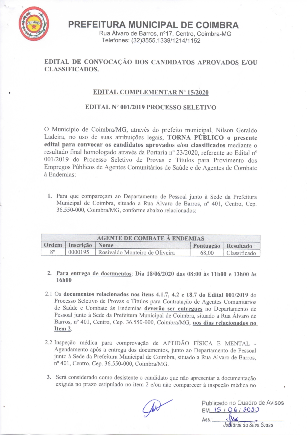 Edital Complementar nº 015/2020 - Agente de Combate à Endemias