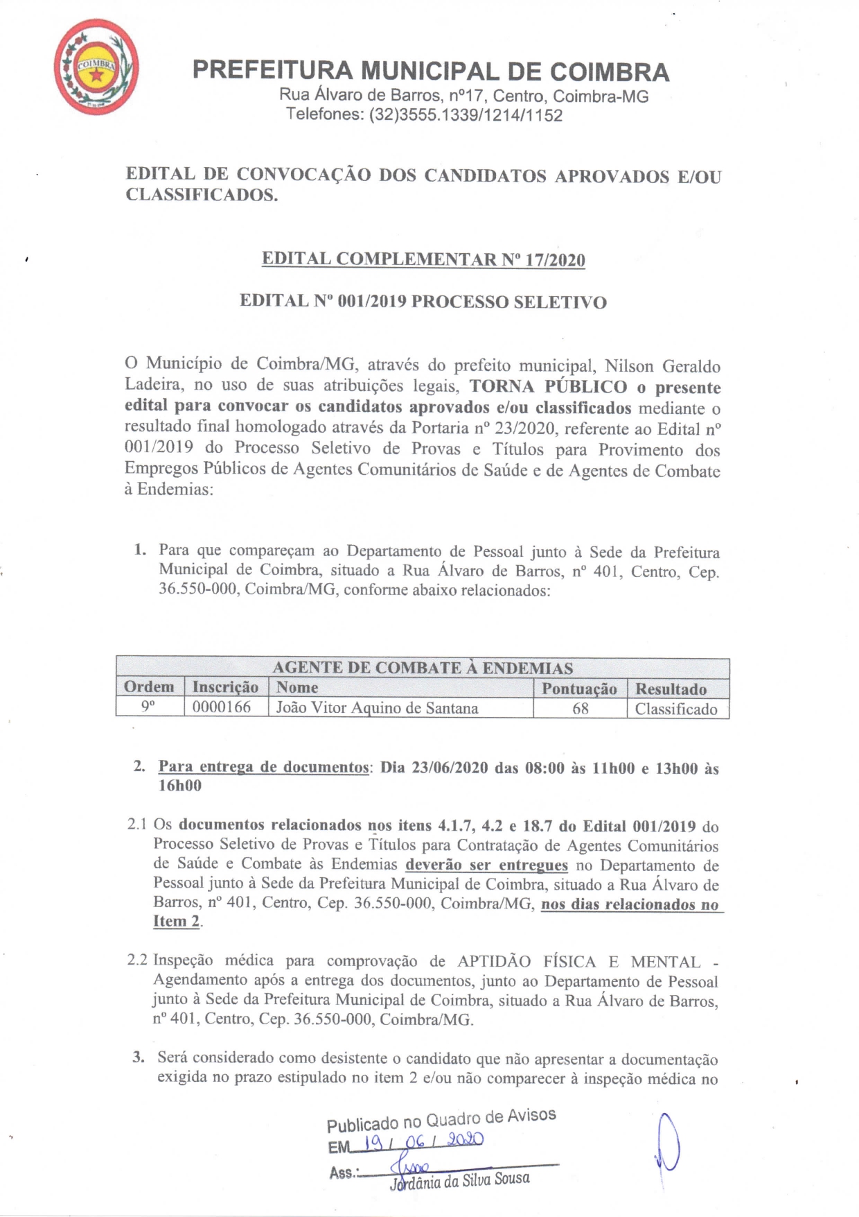 Edital Complementar N017/2020 - Agente de Combate à Endemias