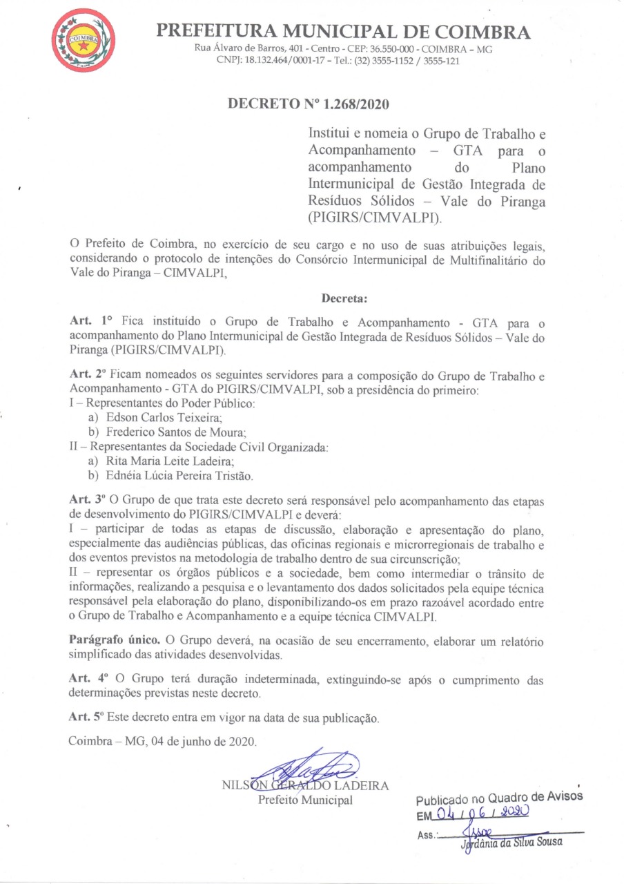 Decreto institui e nomeia Grupo de Trabalho e Acompanhamento – GTA